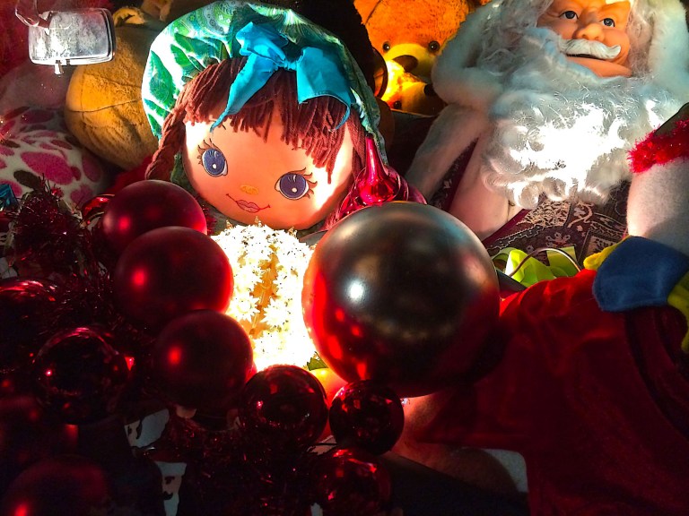 Raggedy Ann with Santa, front seat of the Cadillac, Strawberry & Monument.